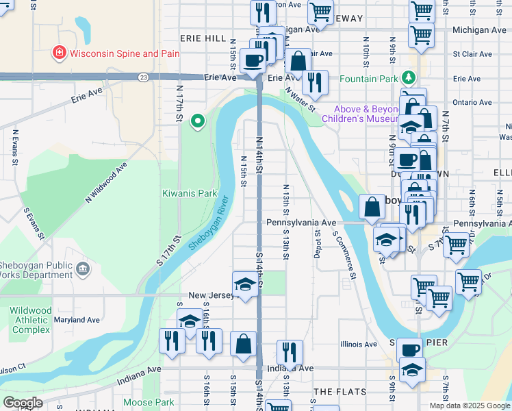 map of restaurants, bars, coffee shops, grocery stores, and more near 526 North 14th Street in Sheboygan