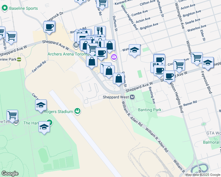 map of restaurants, bars, coffee shops, grocery stores, and more near 1070 Sheppard Avenue West in Toronto