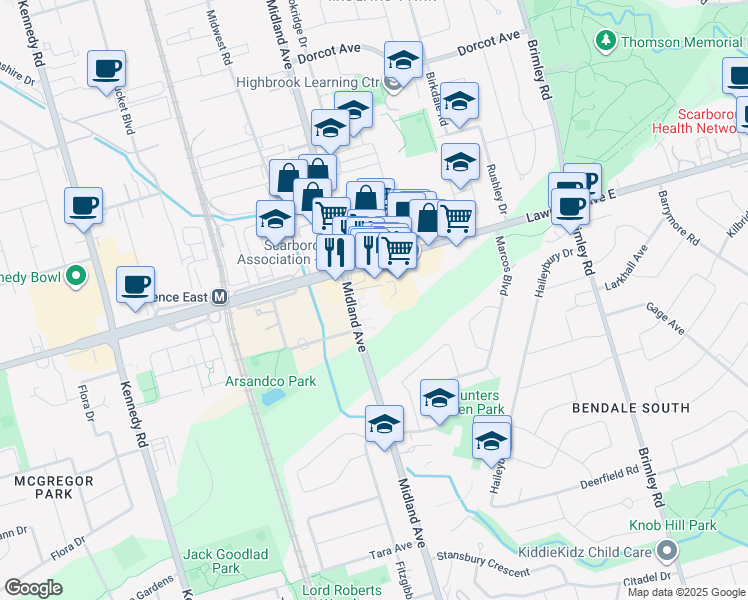 map of restaurants, bars, coffee shops, grocery stores, and more near 1375 Midland Avenue in Toronto