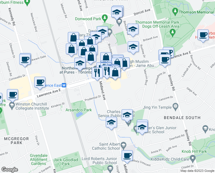 map of restaurants, bars, coffee shops, grocery stores, and more near 1385 Midland Avenue in Toronto