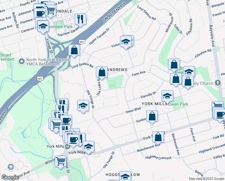 map of restaurants, bars, coffee shops, grocery stores, and more near in Toronto