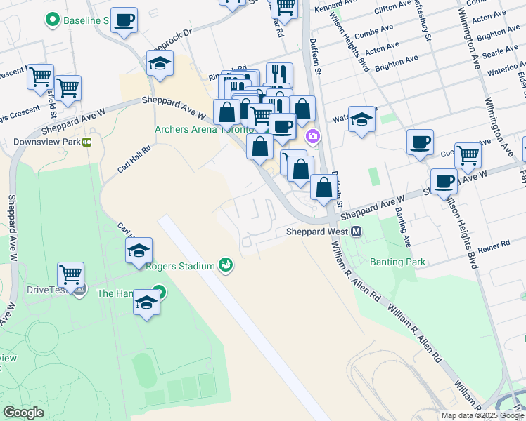 map of restaurants, bars, coffee shops, grocery stores, and more near 1096 Sheppard Avenue West in Toronto