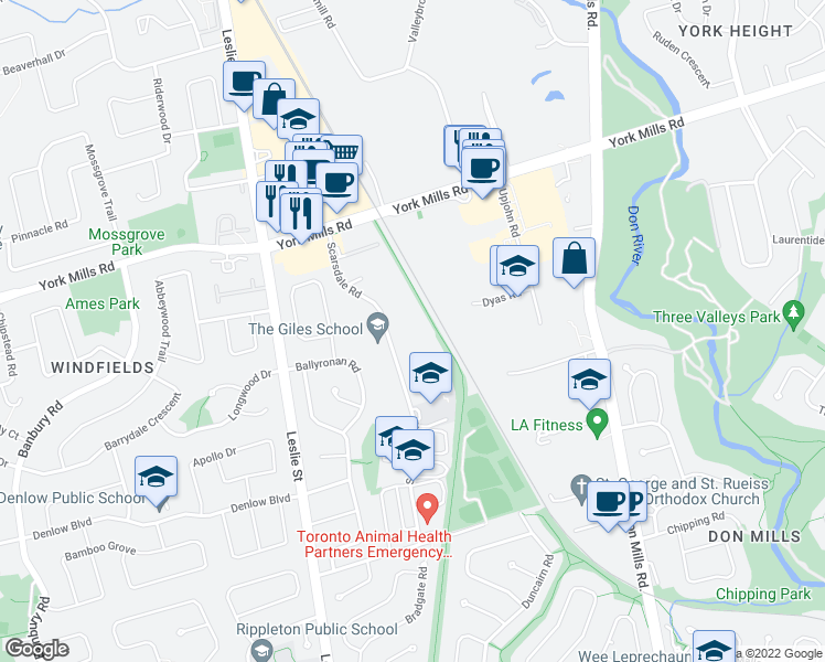 map of restaurants, bars, coffee shops, grocery stores, and more near 85 Scarsdale Road in Toronto