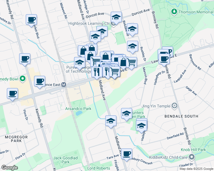 map of restaurants, bars, coffee shops, grocery stores, and more near 1385 Midland Avenue in Toronto