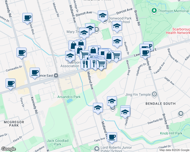 map of restaurants, bars, coffee shops, grocery stores, and more near 1385 Midland Avenue in Toronto