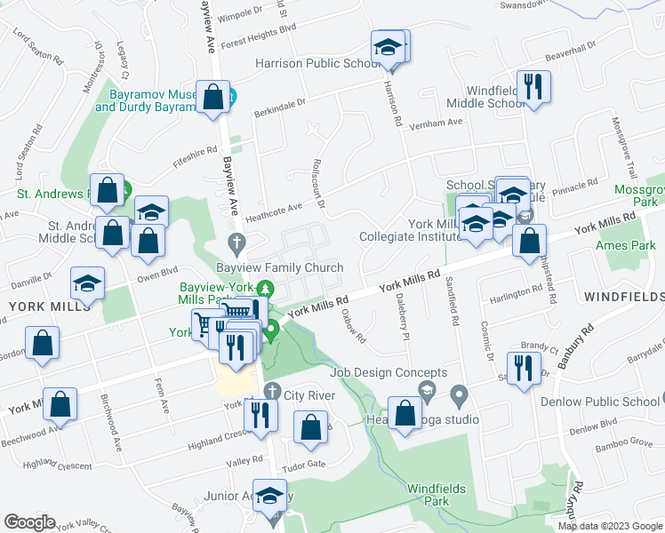 map of restaurants, bars, coffee shops, grocery stores, and more near 40 Snowshoe Millway in Toronto