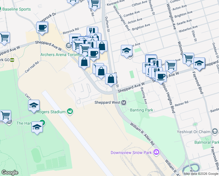 map of restaurants, bars, coffee shops, grocery stores, and more near 1060 Sheppard Avenue West in Toronto