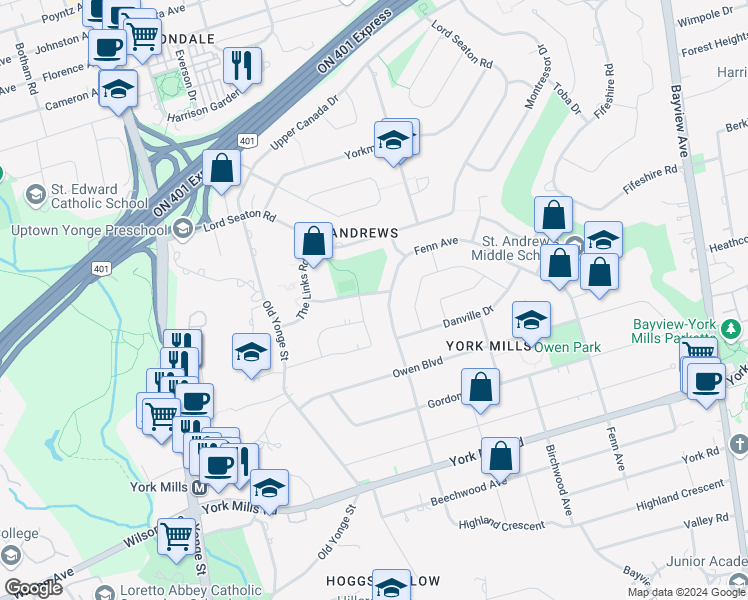 map of restaurants, bars, coffee shops, grocery stores, and more near 47 Tournament Drive in Toronto