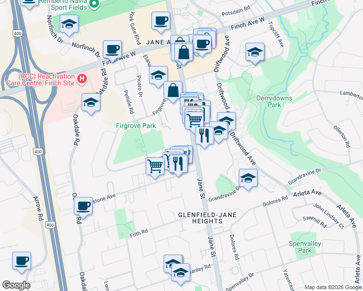 map of restaurants, bars, coffee shops, grocery stores, and more near Firgrove Crescent in Toronto