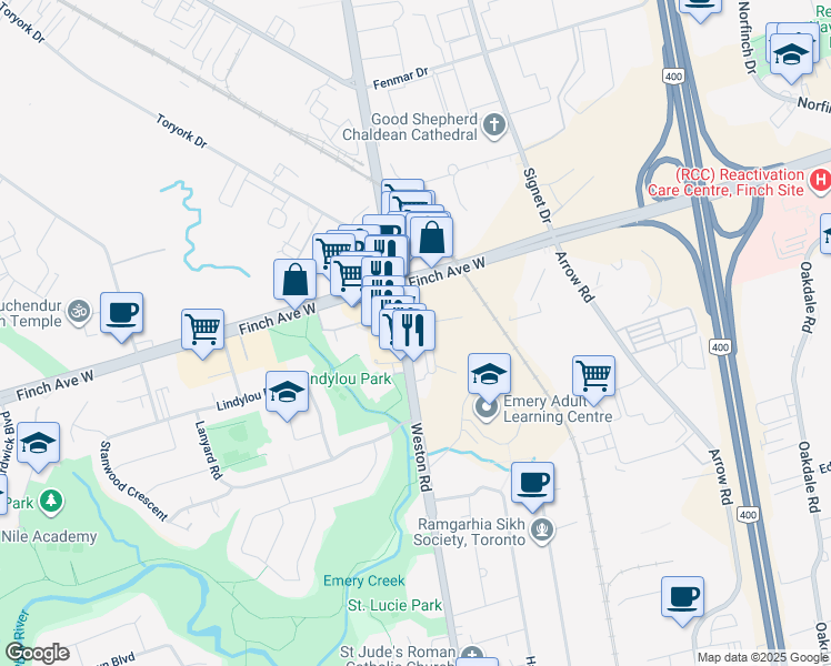 map of restaurants, bars, coffee shops, grocery stores, and more near 3457 Weston Road in Toronto