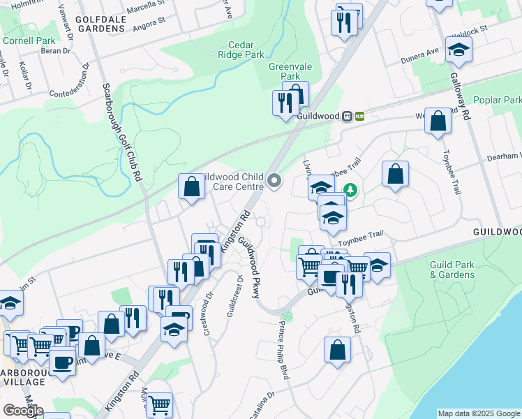 map of restaurants, bars, coffee shops, grocery stores, and more near 20 Guildwood Parkway in Toronto