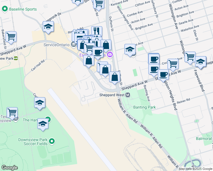map of restaurants, bars, coffee shops, grocery stores, and more near in Toronto