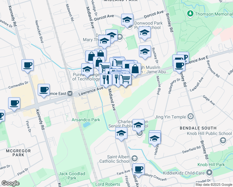 map of restaurants, bars, coffee shops, grocery stores, and more near 1375 Midland Avenue in Toronto