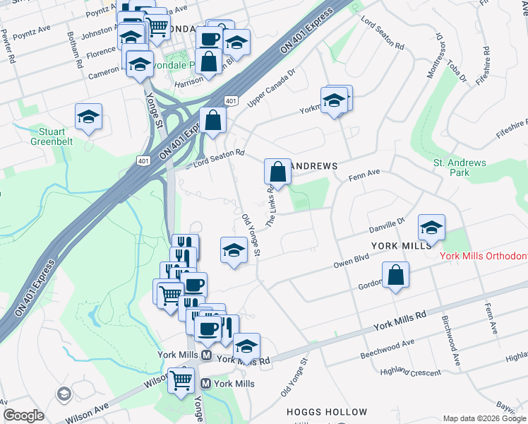 map of restaurants, bars, coffee shops, grocery stores, and more near 16 The Links Road in Toronto