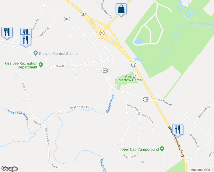 map of restaurants, bars, coffee shops, grocery stores, and more near 37 New Hampshire 16B in Ossipee
