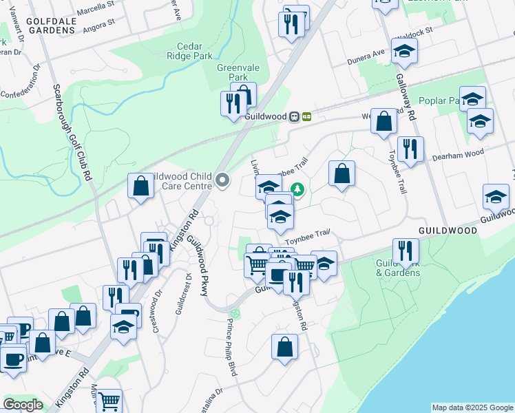 map of restaurants, bars, coffee shops, grocery stores, and more near 80 Rowatson Road in Toronto