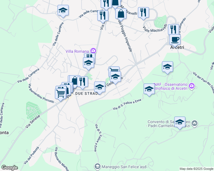 map of restaurants, bars, coffee shops, grocery stores, and more near 43 Via del Gelsomino in Firenze