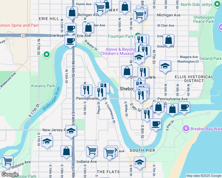 map of restaurants, bars, coffee shops, grocery stores, and more near 650 North Water Street in Sheboygan