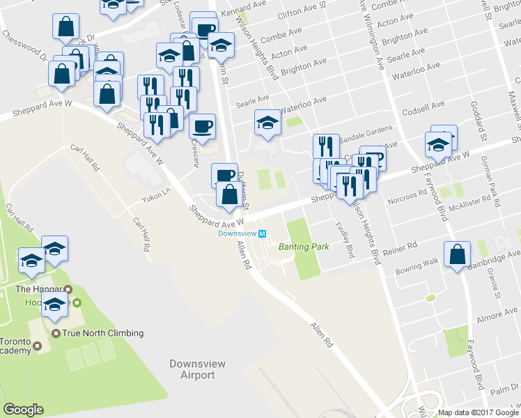 map of restaurants, bars, coffee shops, grocery stores, and more near in Toronto