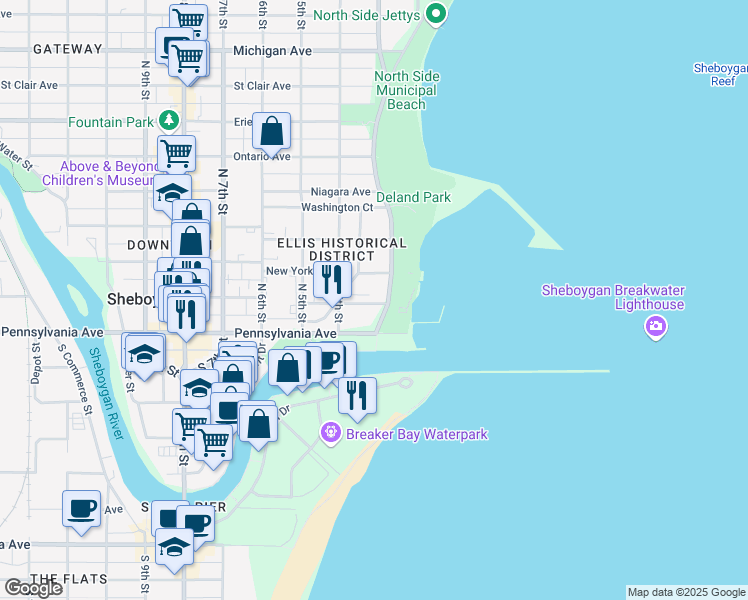 map of restaurants, bars, coffee shops, grocery stores, and more near 304 Center Avenue in Sheboygan