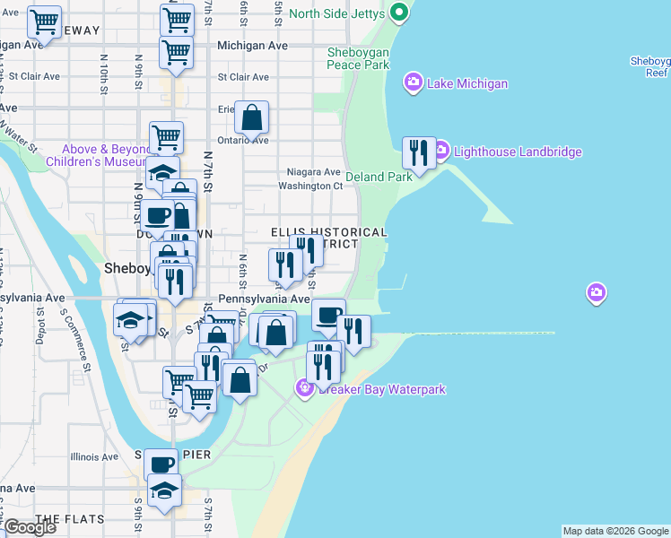 map of restaurants, bars, coffee shops, grocery stores, and more near 304 Center Avenue in Sheboygan