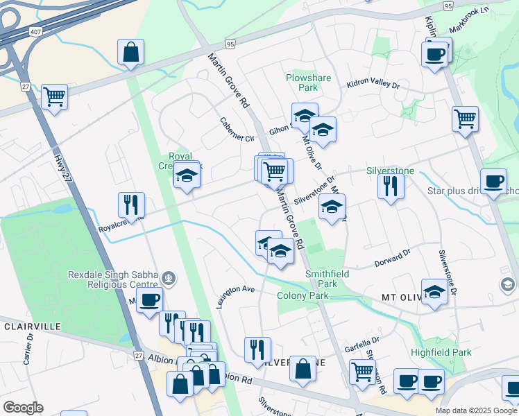 map of restaurants, bars, coffee shops, grocery stores, and more near 1 Almayo Crescent in Toronto
