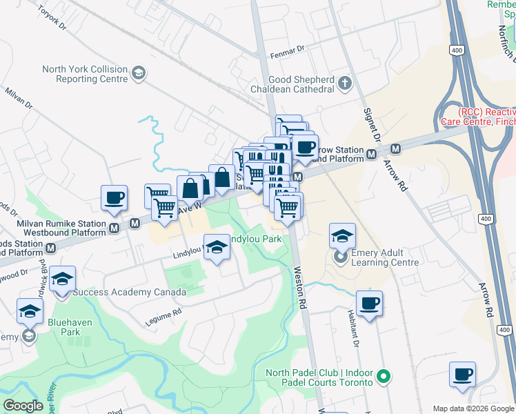 map of restaurants, bars, coffee shops, grocery stores, and more near 2405 Finch Avenue West in Toronto