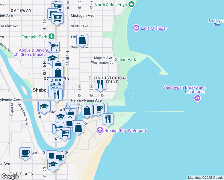 map of restaurants, bars, coffee shops, grocery stores, and more near 304 Center Avenue in Sheboygan