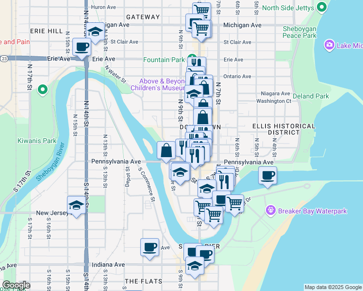 map of restaurants, bars, coffee shops, grocery stores, and more near in Sheboygan