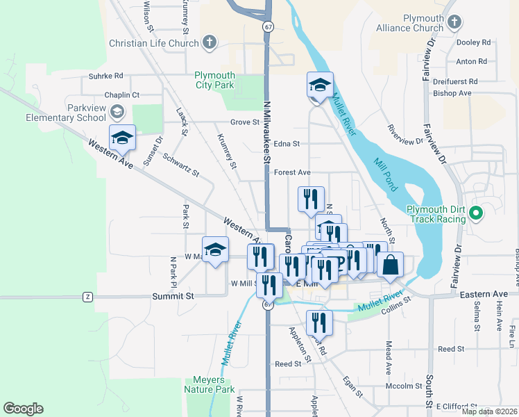 map of restaurants, bars, coffee shops, grocery stores, and more near 8 Braun Street in Plymouth