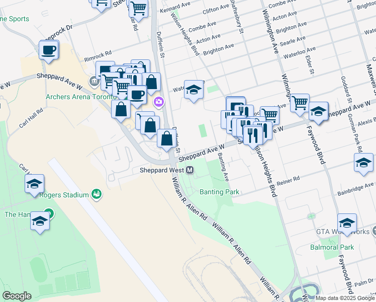 map of restaurants, bars, coffee shops, grocery stores, and more near 1042 Sheppard Avenue West in Toronto