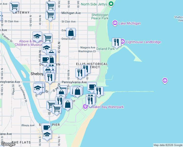 map of restaurants, bars, coffee shops, grocery stores, and more near 324 Center Avenue in Sheboygan