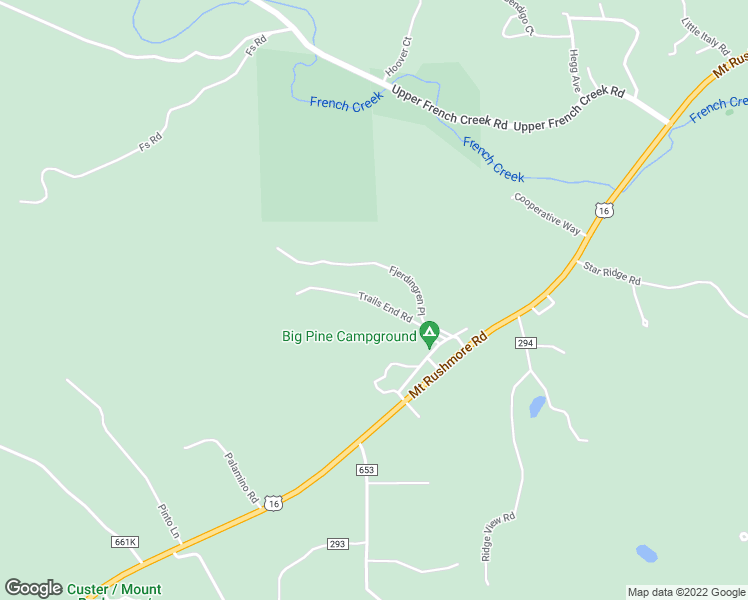 map of restaurants, bars, coffee shops, grocery stores, and more near Trails End Road in Custer