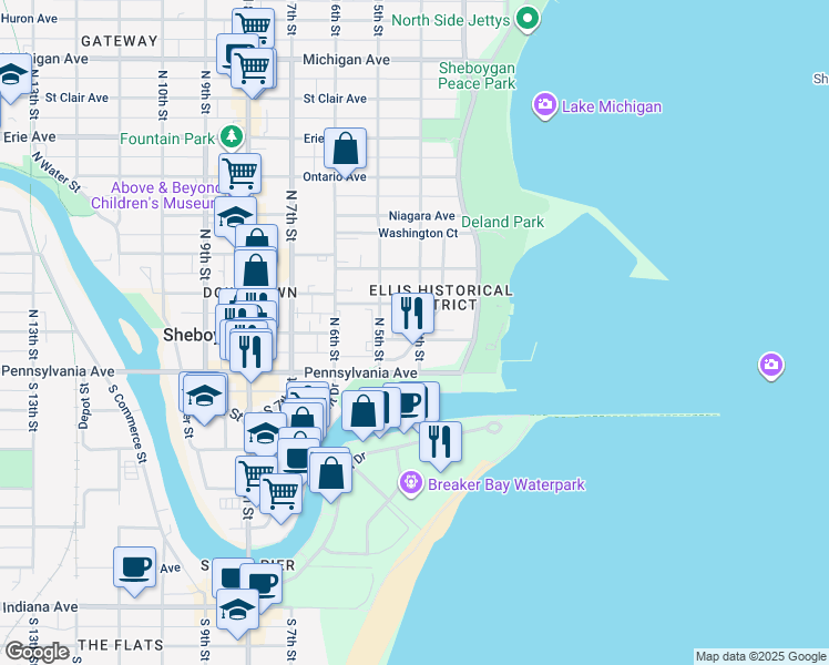 map of restaurants, bars, coffee shops, grocery stores, and more near 520 North 4th Street in Sheboygan