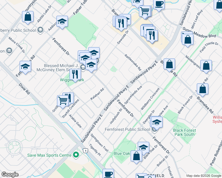 map of restaurants, bars, coffee shops, grocery stores, and more near 9 Siesta Court in Brampton