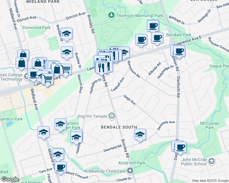 map of restaurants, bars, coffee shops, grocery stores, and more near in Toronto