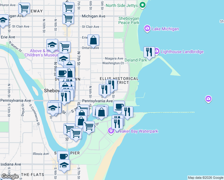 map of restaurants, bars, coffee shops, grocery stores, and more near 520 North 4th Street in Sheboygan