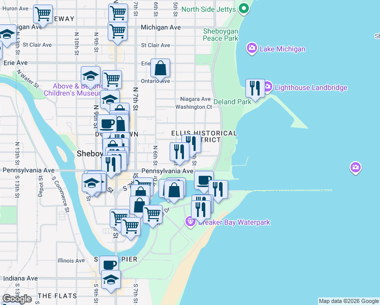 map of restaurants, bars, coffee shops, grocery stores, and more near 520 North 4th Street in Sheboygan