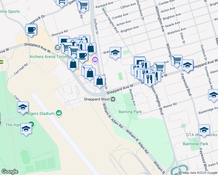 map of restaurants, bars, coffee shops, grocery stores, and more near 1050 Sheppard Avenue West in Toronto