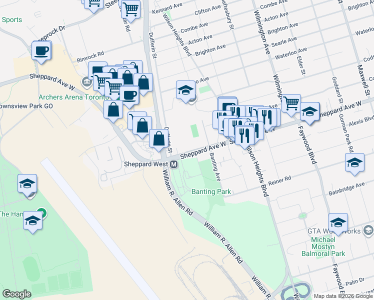 map of restaurants, bars, coffee shops, grocery stores, and more near 1038 Sheppard Avenue West in Toronto
