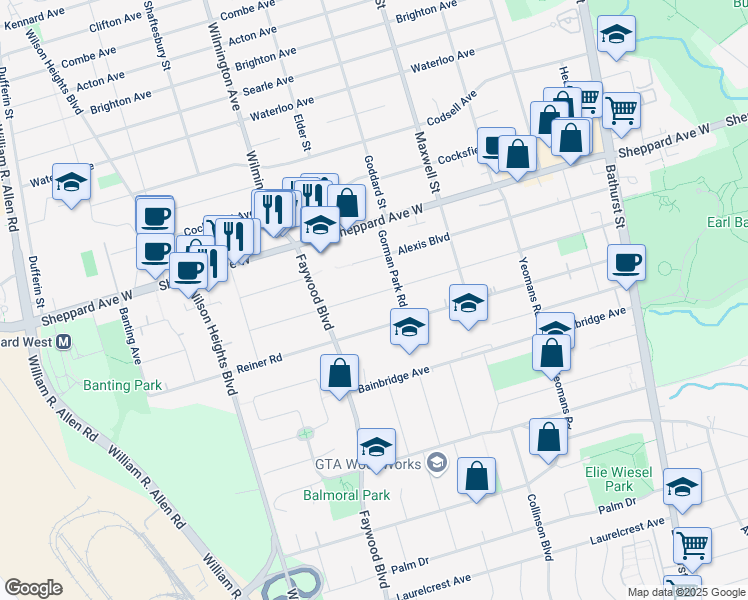 map of restaurants, bars, coffee shops, grocery stores, and more near 149 McAllister Road in Toronto