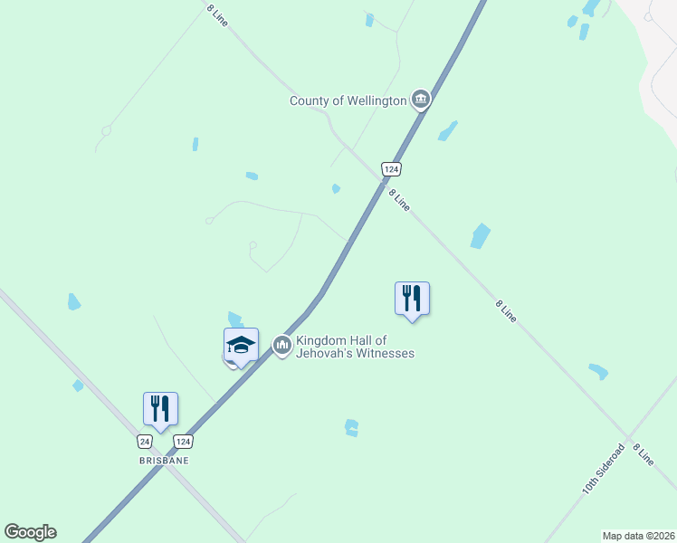 map of restaurants, bars, coffee shops, grocery stores, and more near 9467 Wellington Road 124 in Erin