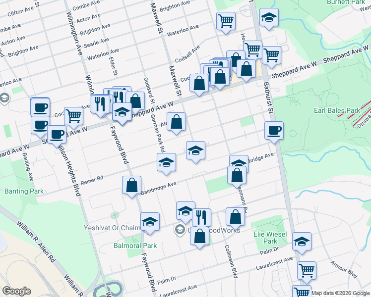 map of restaurants, bars, coffee shops, grocery stores, and more near in Toronto