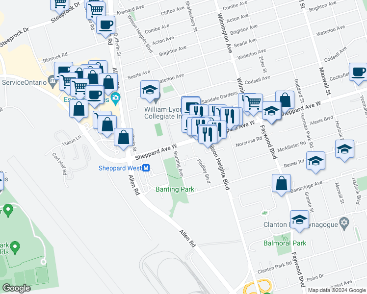map of restaurants, bars, coffee shops, grocery stores, and more near 45 Findlay Boulevard in Toronto