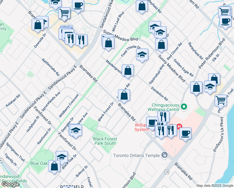 map of restaurants, bars, coffee shops, grocery stores, and more near 31 Larkspur Road in Brampton