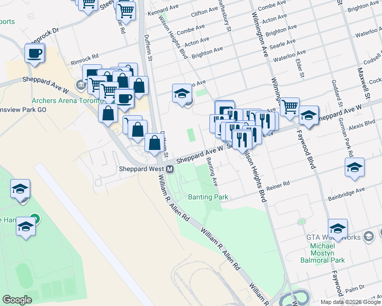 map of restaurants, bars, coffee shops, grocery stores, and more near 1030 Sheppard Avenue West in Toronto