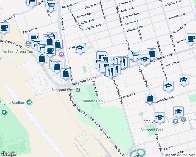 map of restaurants, bars, coffee shops, grocery stores, and more near 935 Sheppard Avenue West in Toronto