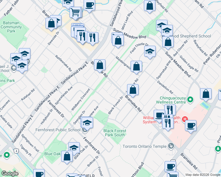 map of restaurants, bars, coffee shops, grocery stores, and more near 76 Wickstead Court in Brampton