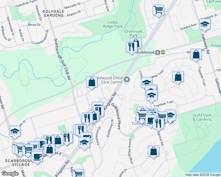 map of restaurants, bars, coffee shops, grocery stores, and more near 9 Cranston Manor Court in Toronto