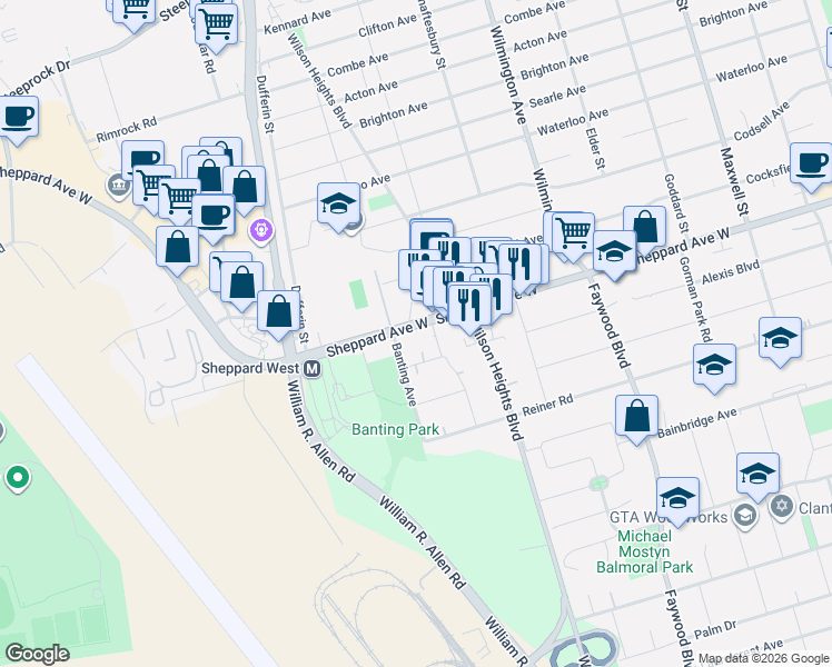 map of restaurants, bars, coffee shops, grocery stores, and more near 45 Findlay Boulevard in Toronto